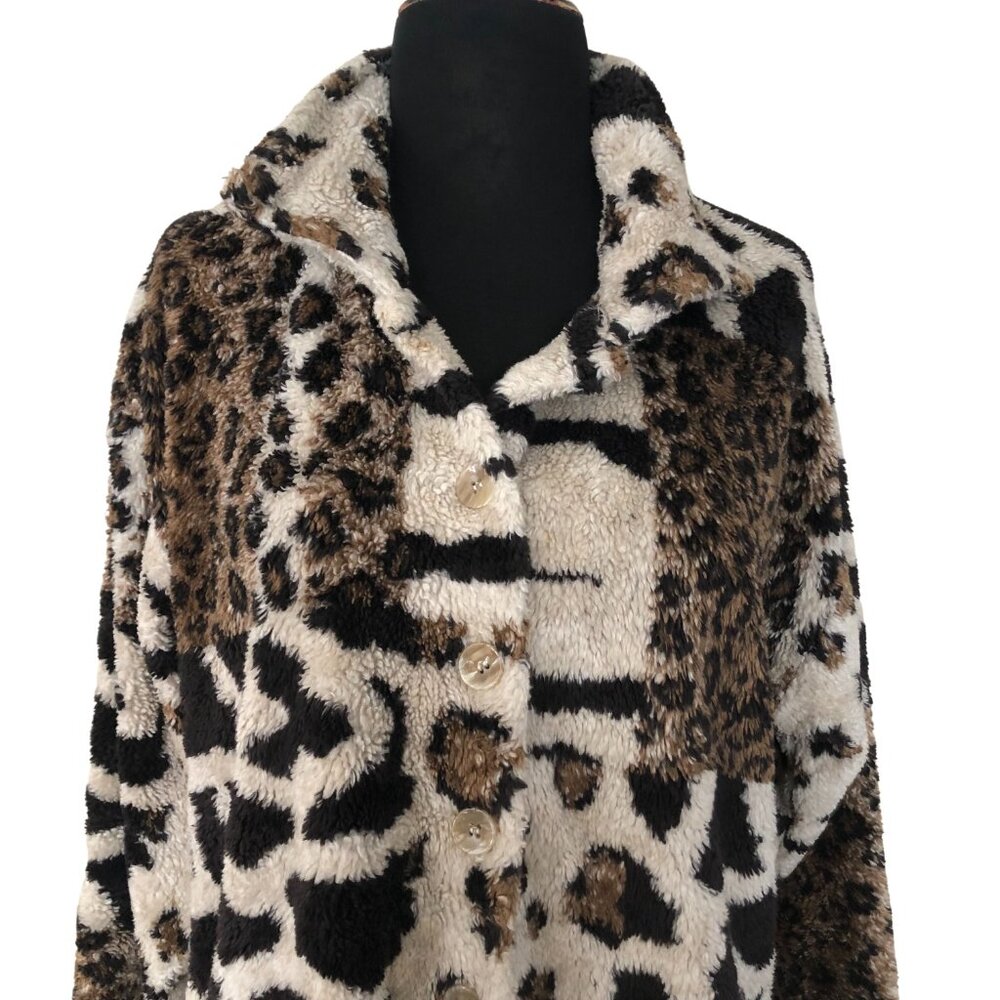Supply & Demand Animal Print Sherpa Furry Jacket Cardigan Front Button sz S